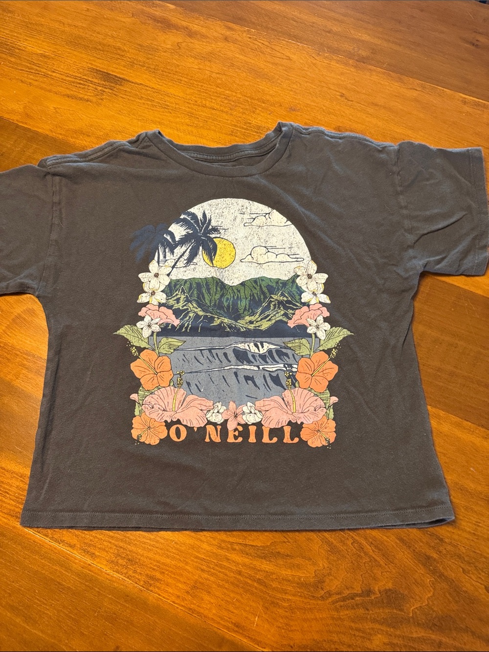 O'Neill Charcoal Short Sleeve Tee with Tropical Mountain and Floral Graphic
